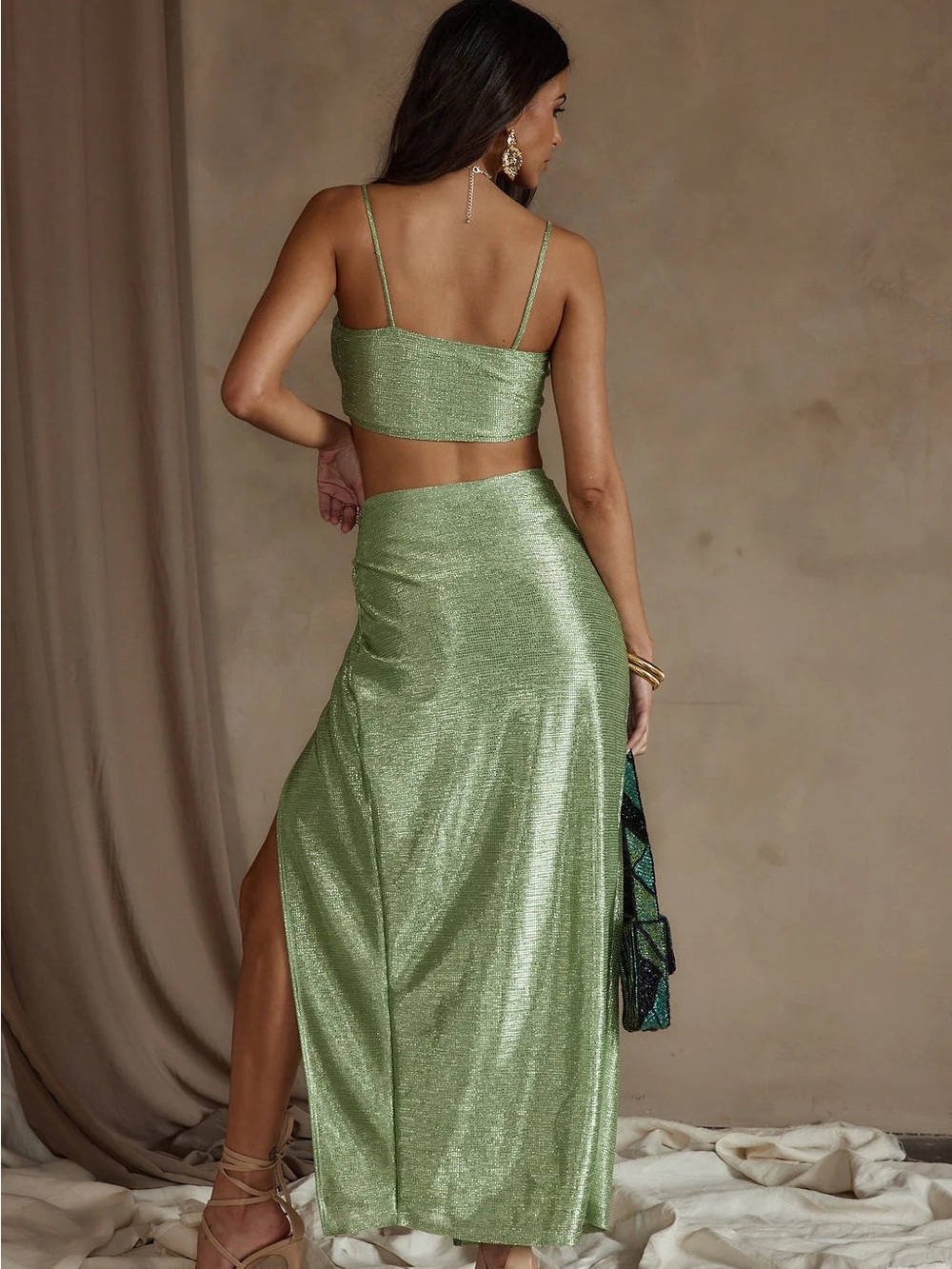 12th Tribe Metallic Light Green Maxi Skirt - Picture 9 of 9